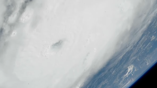 The eye of major Hurricane Beryl seen from the International Space Station on Monday, July 1, 2024.