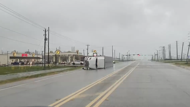 Hurricane Beryl flips truck outside of Surfside Beach, Texas on July 8, 2024.