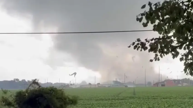 A tornado causes damage in Mt. Vernon, Indiana, on July 9, 2024.