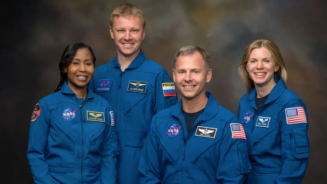 Official portraits of NASA's SpaceX Crew-9 with Zena Cardman, Nick Hague, Stephanie Wilson and Aleksandr Gorbunov.