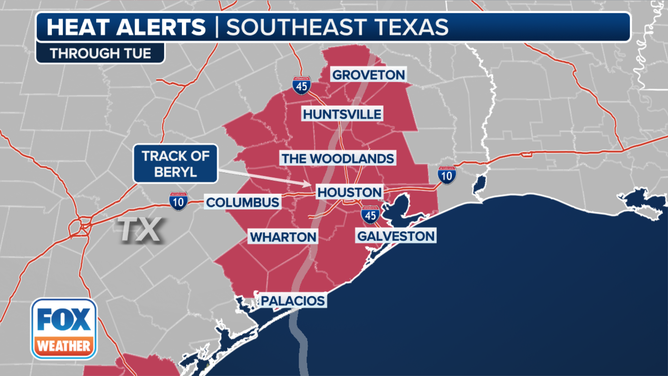 This graphic shows heat alerts in effect across the Houston area and southeastern Texas on Tuesday, July 9, 2024.