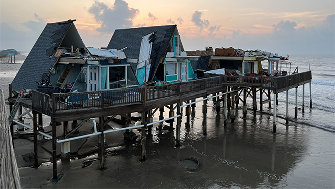 This image shows significant damage to a home in Surfside Beach, Texas, after Hurricane Beryl on July 9, 2024.