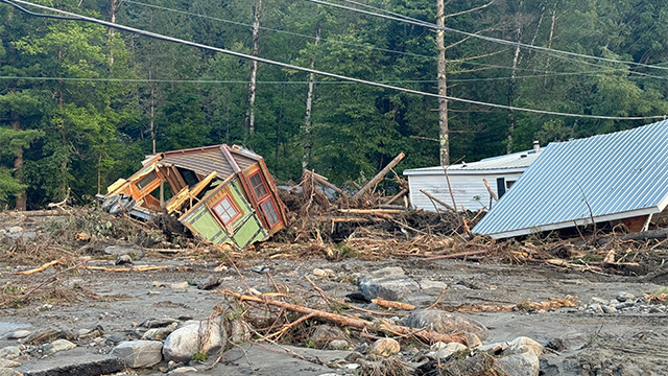 Destroyed structures are seen after catastrophic flooding in Lyndonville, Vermont, on Tuesday, July 30, 2024.