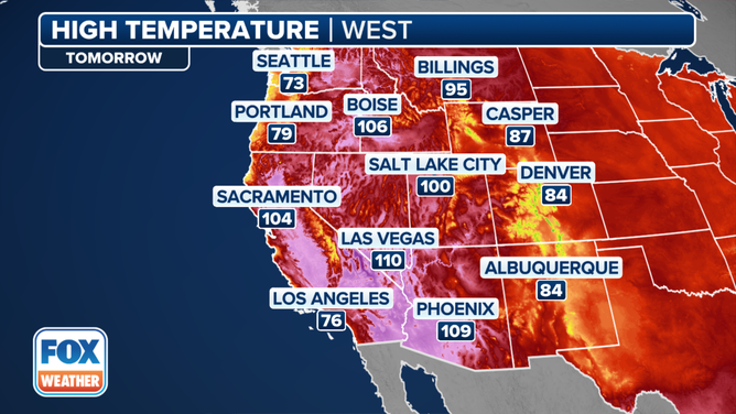 This graphic shows the forecast high temperatures on Monday, July 22, 2024.