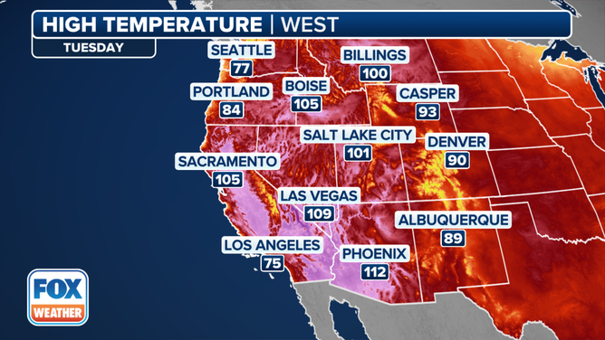 This graphic shows the forecast high temperatures on Tuesday, July 23, 2024.