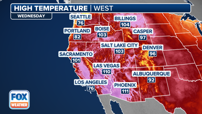 This graphic shows the forecast high temperatures on Wednesday, July 24, 2024.