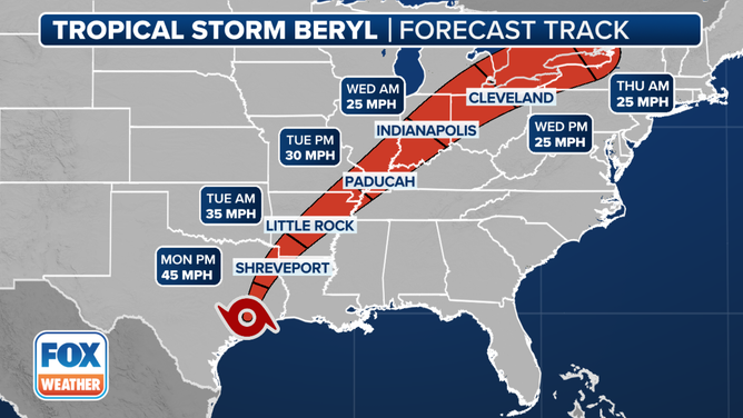 Tropical Storm Beryl forecast cone.