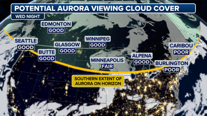 Aurora-viewing forecast with cloud cover and wildfire smoke for Wednesday night.