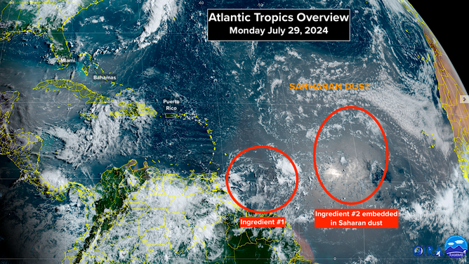 The two ingredients for a tropical system have a medium chance of coming together to develop into a tropical depression or tropical storm in a few days.