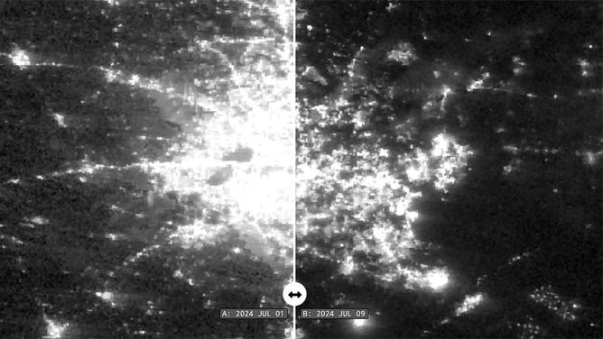 A side-by-side comparison of the lights of Houston as seen from space on July 1, 2024, (left) and July 9, 2024 (right).