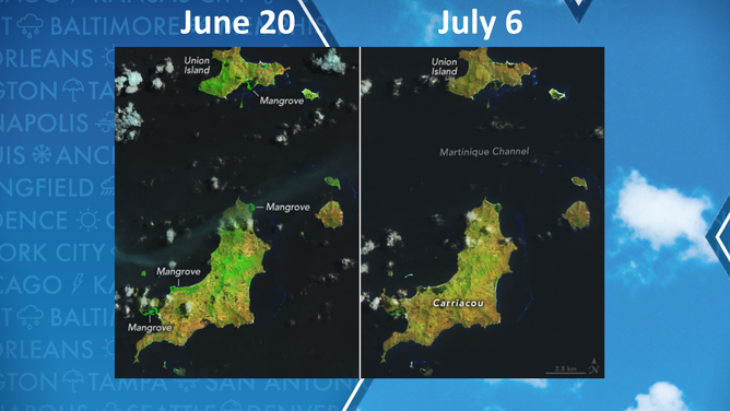 Hurricane Beryl caused widespread damage to infrastructure and vegetation in the Caribbean.