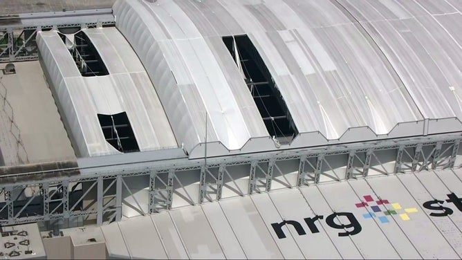 Damage to the roof at NRG Stadium in Houston, Texas after Hurricane Beryl.