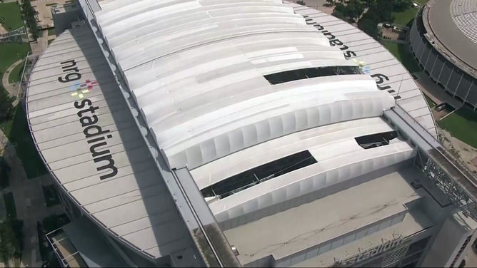 Damage to the roof at NRG Stadium in Houston, Texas after Hurricane Beryl.