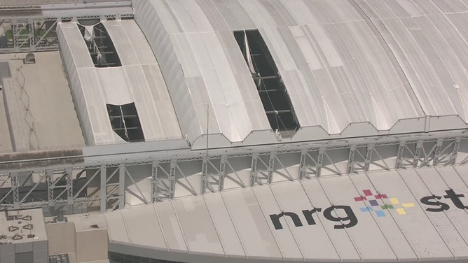 Damage to the roof at NRG Stadium in Houston, Texas after Hurricane Beryl.