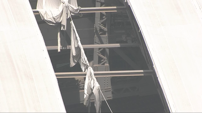 Damage to the roof at NRG Stadium in Houston, Texas after Hurricane Beryl.