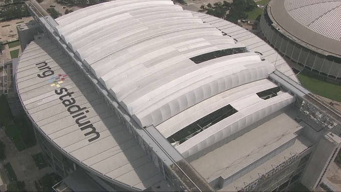 Damage to the roof at NRG Stadium in Houston, Texas after Hurricane Beryl.