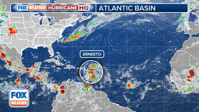 The center of Tropical Storm Ernesto will track across the northeastern Caribbean Sea on Tuesday and pass over or near Puerto Rico and the Virgin Islands by Tuesday night and Wednesday. 