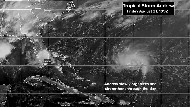 This satellite image shows Tropical Storm Andrew on Aug. 21, 1992.