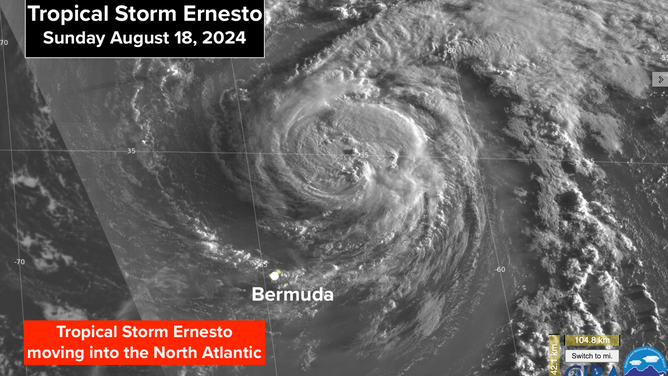 This is a satellite image of Tropical Storm Ernesto on Sunday, Aug. 18, 2024.