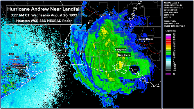 This image shows the radar as Hurricane Andrew made landfall in Louisiana.