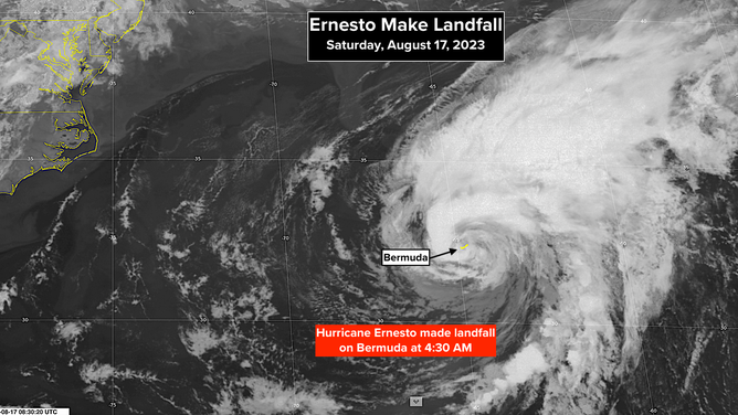 Map showing Hurricane Ernesto as it made landfall in Bermuda at 4:30 a.m.