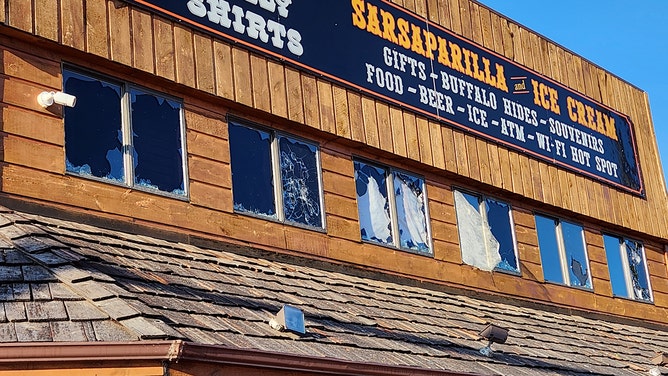 Here's a look at the damage after the storm outside Devils Tower Trading Post on Monday.