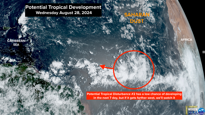 This satellite image shows the tropical Atlantic Ocean on Wednesday, Aug. 28, 2024.