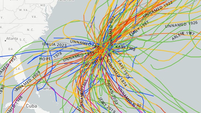 Tracks of tropical storms and hurricanes that have passed within 50 miles or less from Bermuda.