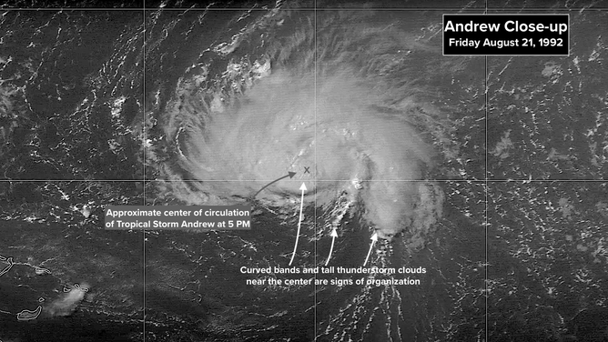 This is a close-up look at Tropical Storm Andrew on Aug. 21, 1992.