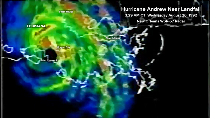 This image shows the radar as Hurricane Andrew made landfall in Louisiana.