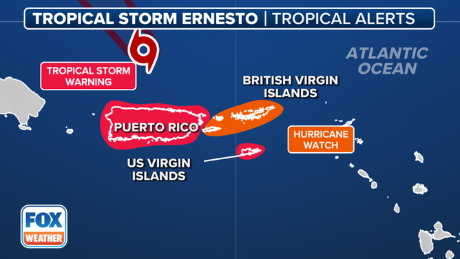 The latest watches and warnings for Tropical Storm Ernesto.