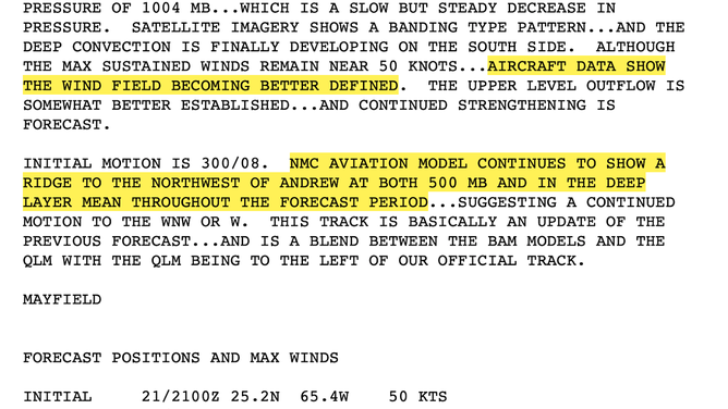 This was the discussion from the National Hurricane Center regarding Tropical Storm Andrew on Aug. 21, 1992.