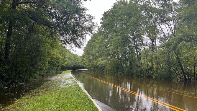 Heavy rainfall from Tropical Storm Debby have caused inland flooding, swamping the entire town of Bladenboro, North Carolina.