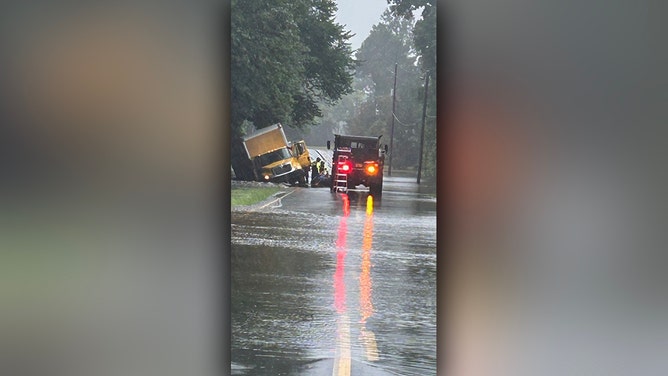 Heavy rainfall from Tropical Storm Debby have caused inland flooding, swamping the entire town of Bladenboro, North Carolina.