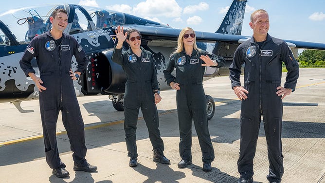 Polaris Dawn crew from left to right: Jared Isaacman, Sarah Gillis, Anna Menon and Scott Poteet after arriving in Florida on Aug. 19, 2024.