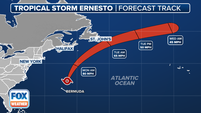 This graphic shows the forecast track for Tropical Storm Ernesto.