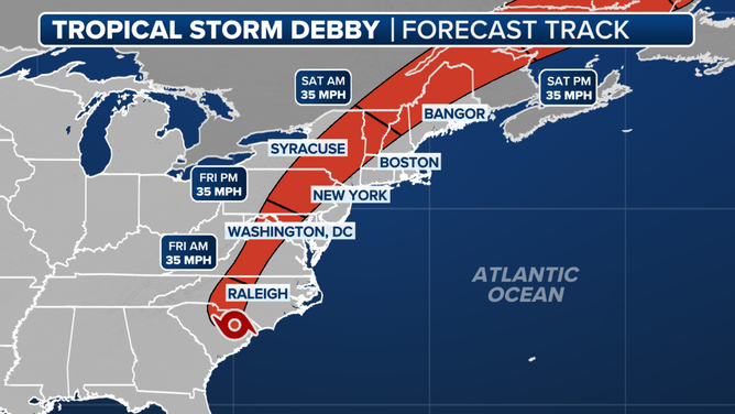 Forecast cone for Tropical Storm Debby.