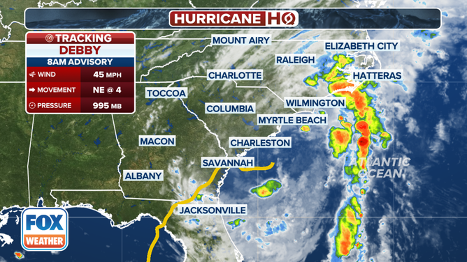 Tropical Storm Debby is drifting just offshore of the South Carolina coast.