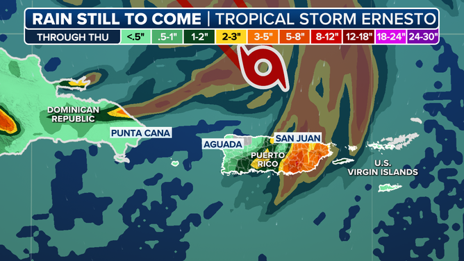 This graphic shows forecast rainfall totals from Tropical Storm Ernesto in the Caribbean.