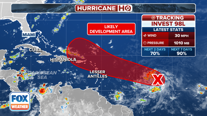 This graphic shows the latest information on Invest 98L.