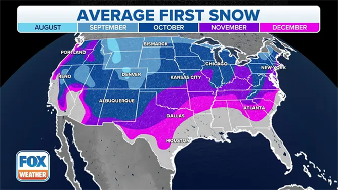 This graphic shows when areas of the U.S. can expect to see their first snowfall of the season.