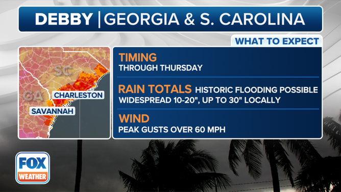 Debby's impacts on Georgia and the Carolinas.