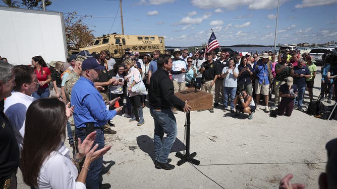 FILE - Florida Gov. Ron DeSantis speaks during a press conference on the island of Matlacha on October 05, 2022 in Matlacha Florida. DeSantis delivered remarks about the completion of a temporary bridge to reconnect the island, and Pine Island as well, to the mainland. (Photo by Win McNamee/Getty Images)