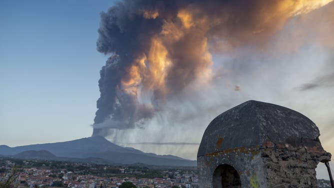 A view of the smoke rising from Etna volcano after strombolic activity resulted in the fifth major eruption since volcanic activity resumed in late June on August 04, 2024 in Catania, Italy.