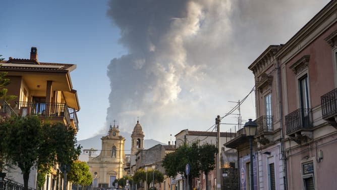 A view of the smoke rising from Etna volcano after strombolic activity resulted in the fifth major eruption since volcanic activity resumed in late June on August 04, 2024 in Catania, Italy.