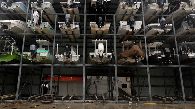 Boats stored on land as Hurricane Debby makes landfall in Steinhatchee, Florida, US, on Monday, Aug. 5, 2024.