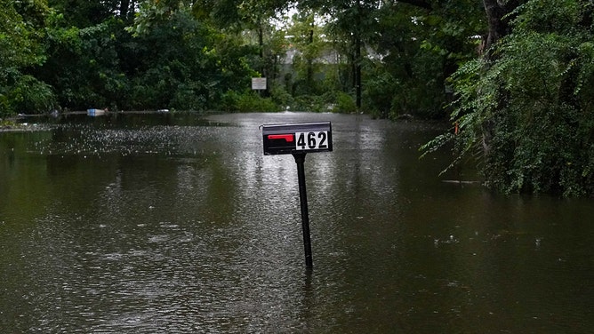 Homes are flooded in the Tremont Park neighborhood August 6, 2024 in Savannah, Georgia.