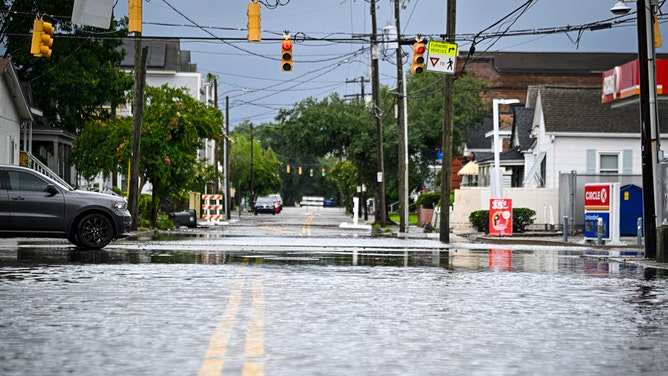 A street is flooded by Tropical Storm Debby on August 6, 2024, in Charleston, South Carolina.