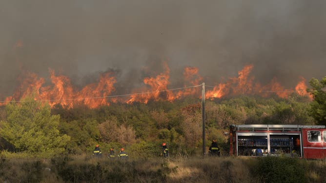 Firefighters work during a forest fire in Varnavas, north of Athens, on August 12, 2024. Greece is battling multiple wildfires on August 11, with smoke shrouding parts of the capital Athens in haze, while extreme weather warnings are in place for the rest of the week. (Photo by Dimitris Lampropoulos/NurPhoto via Getty Images)