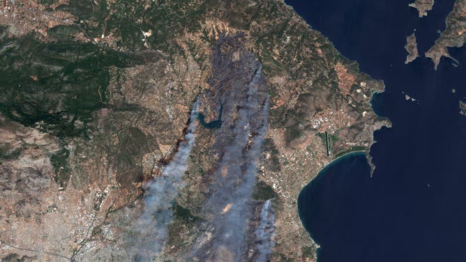 ATHENS, GREECE - 12 AUGUST 2024: Satellite view of the wildfire North Of Athens, Greece. Imaged 12 August 2024. (Photo by Gallo Images/Orbital Horizon/Copernicus Sentinel Data 2024)